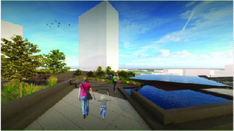 Community spaces on upper levels offer recreational green areas and tranquil views of the urban landscape.