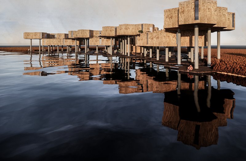 Floating modular homes rise above reflective waters to enhance thermal comfort and adaptability.