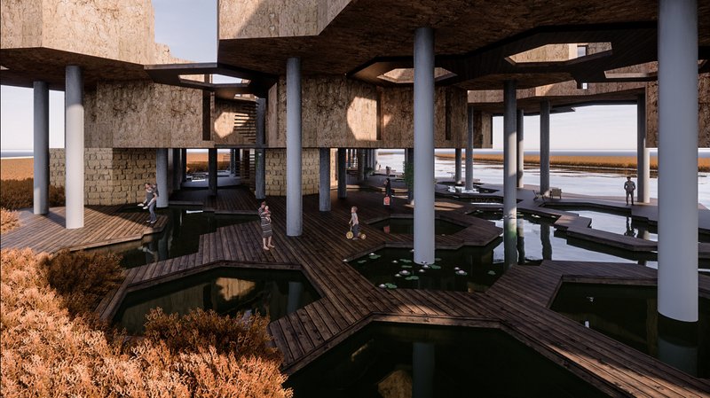 Shaded wooden walkways and ponds beneath raised units create cool, communal microclimates for daily life.