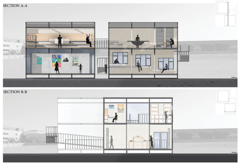 Spatial sections showing vertical distribution of classrooms, galleries, and circulation in modular units.