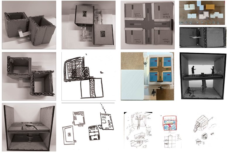 Concept development through hand sketches, cardboard models, and spatial form studies using a square module.