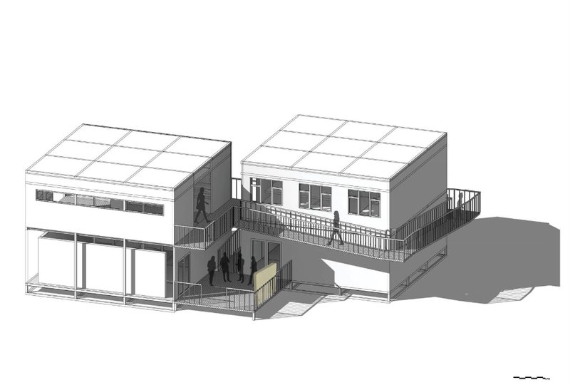 Isometric rendering of the twin-building configuration connected by exterior walkways.