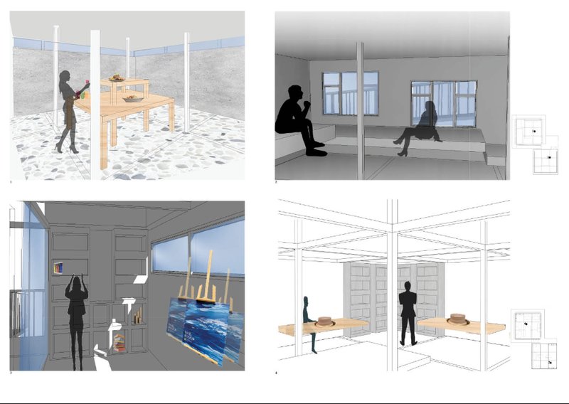 Rendered perspectives showcasing art activities, seating, and flexible studio environments.