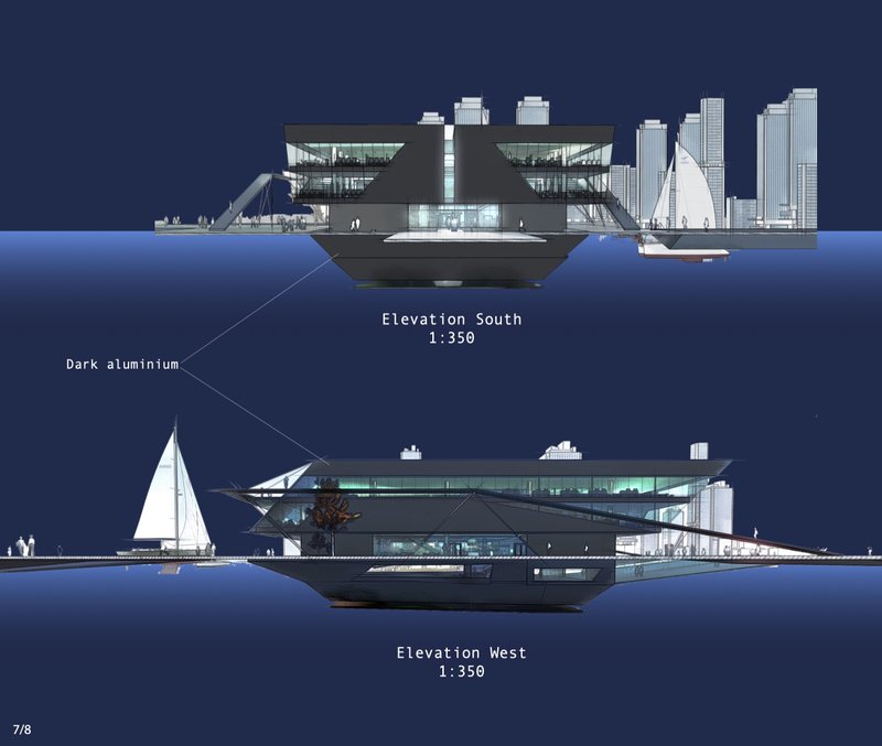 Sleek dark aluminum cladding wraps around a buoyant structure designed for rising sea levels and urban integration.