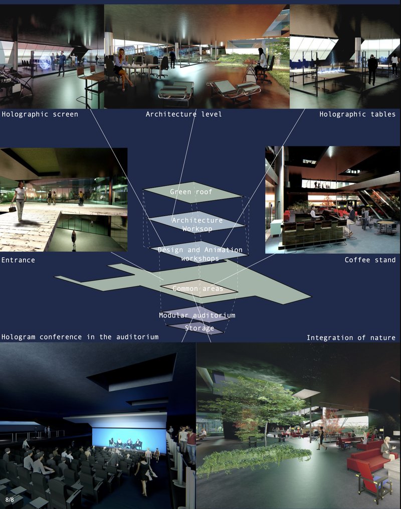 A hologram-enhanced interior fosters dynamic learning, sustainability, and immersive design experiences.