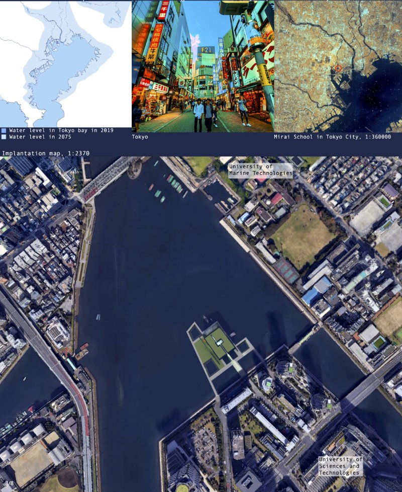 Strategically located in Tokyo Bay, the site integrates with the urban fabric and anticipates future water level rise.