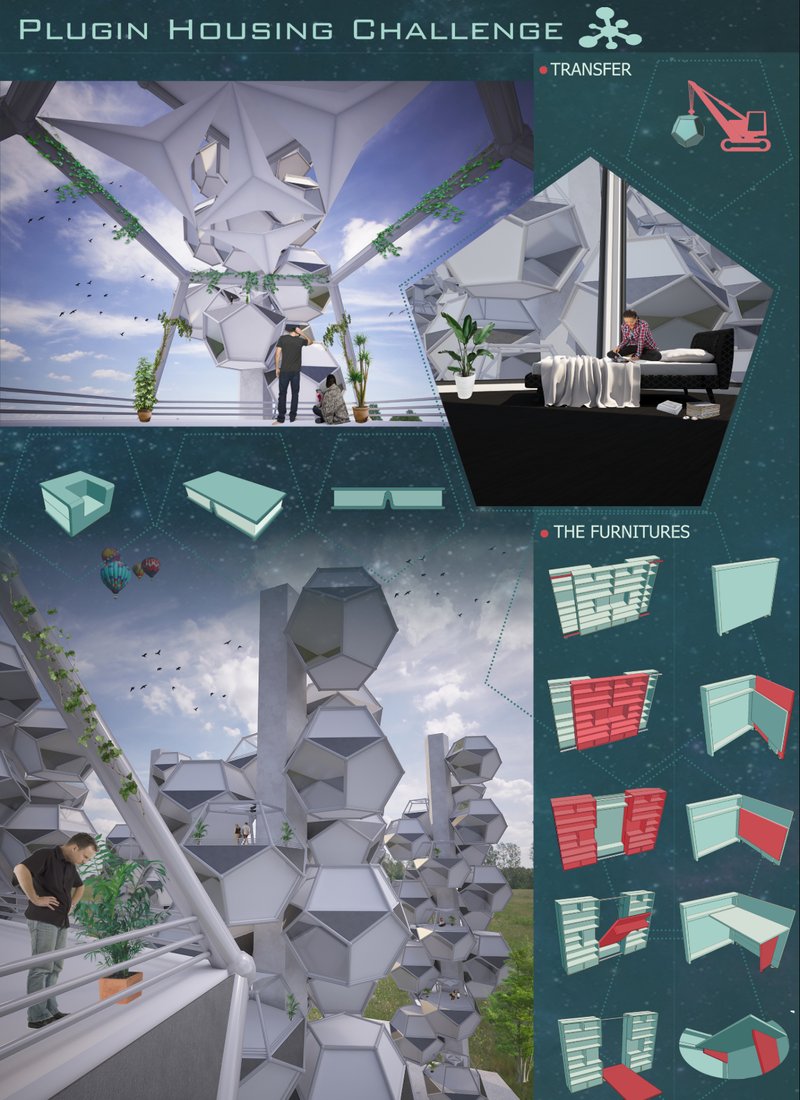 Flexible plug-in housing clusters designed to grow vertically, offering light-filled units with open green spaces below.