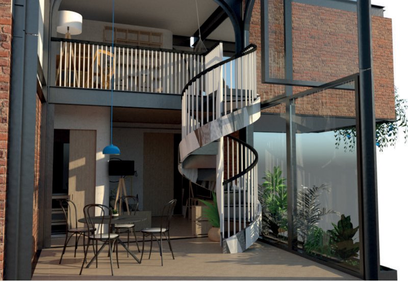 Double-height modular interior with natural light and spiral stair enhancing vertical circulation.
