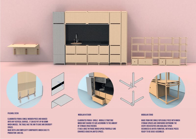 Custom-designed modular furniture including foldable desks, scalable kitchens, and storage units.