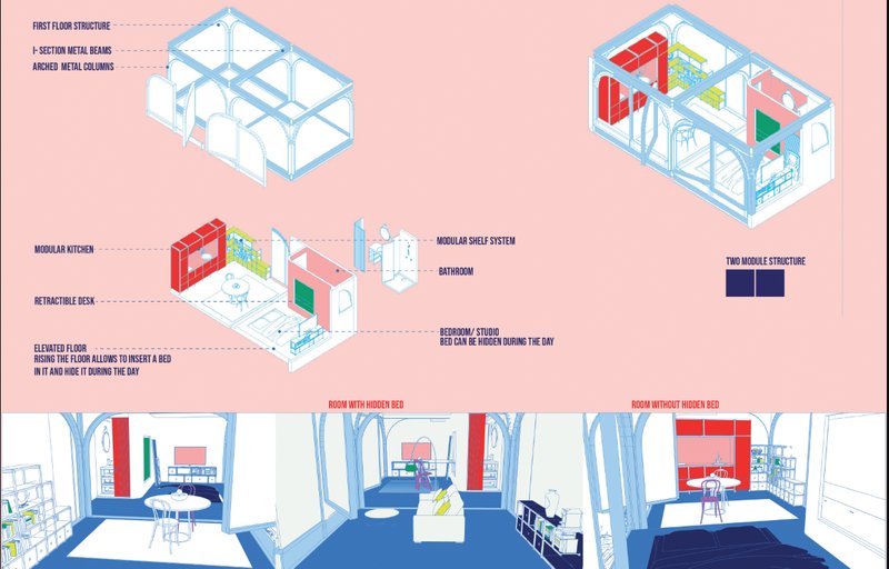 Two-module living unit layout with retractable furniture systems and hidden bed maximizing space efficiency.