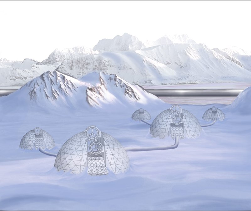 Modular domes nestled in Arctic snow, forming a self-sufficient biosphere.