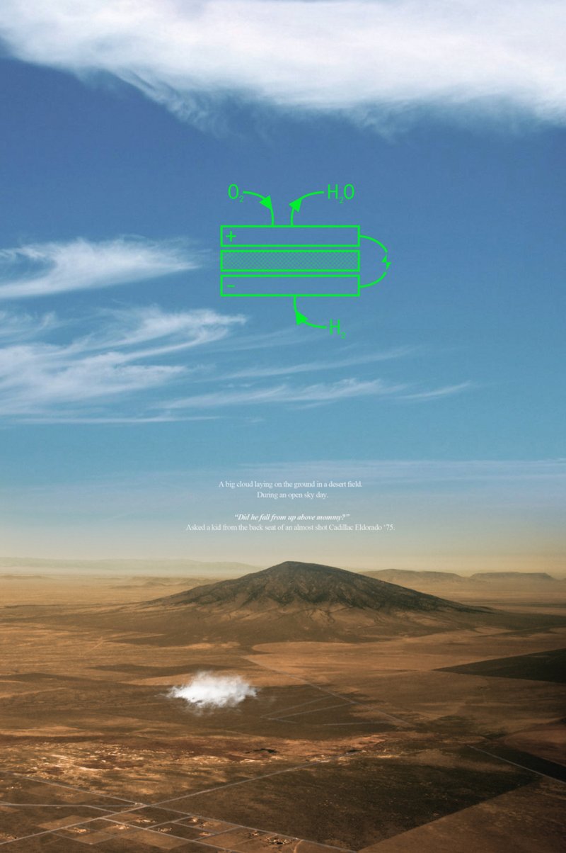 A lone cloud hovers in the desert—a visual metaphor for ephemeral architecture powered by clean hydrogen.