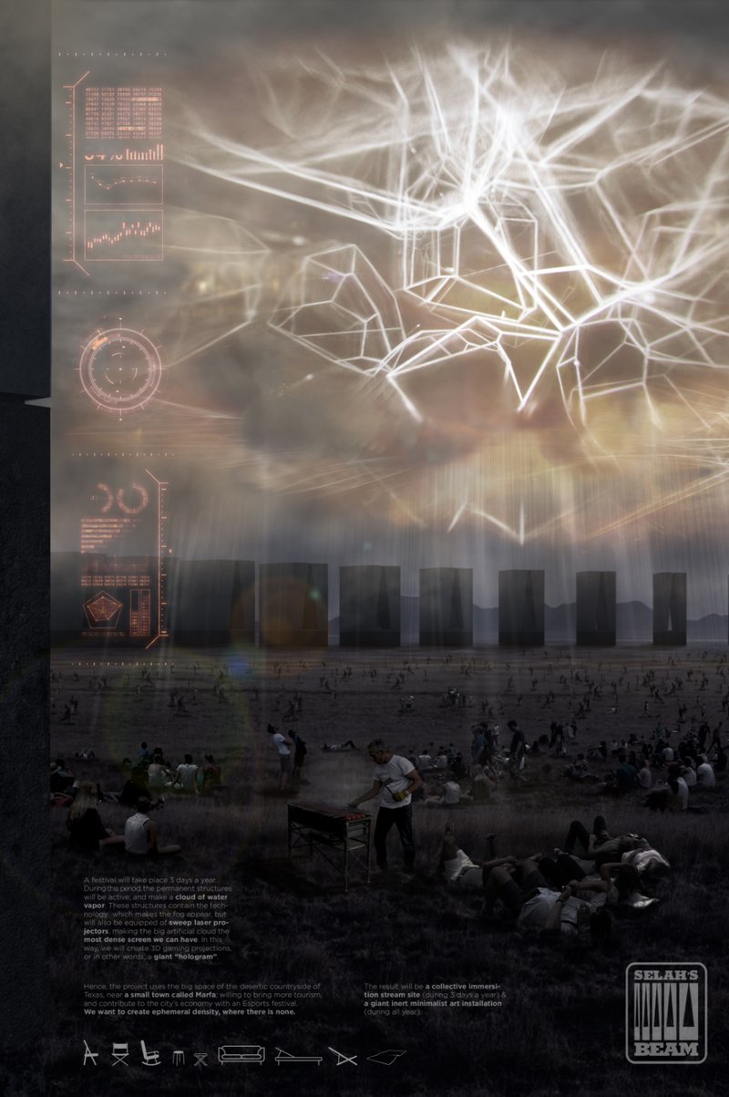 Festival-goers gather beneath a glowing vapor cloud as it transforms into a 3D holographic canvas.