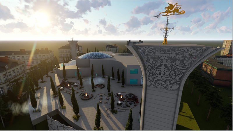 &nbsp; Sunset aerial view: “Curved architecture and symbolic towers frame a serene educational plaza at golden hour.”