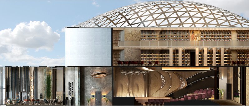 &nbsp; Library and sectional cut: “A dome of knowledge: the central library anchors Dom Życia as a sanctuary for thought and cultural continuity.”