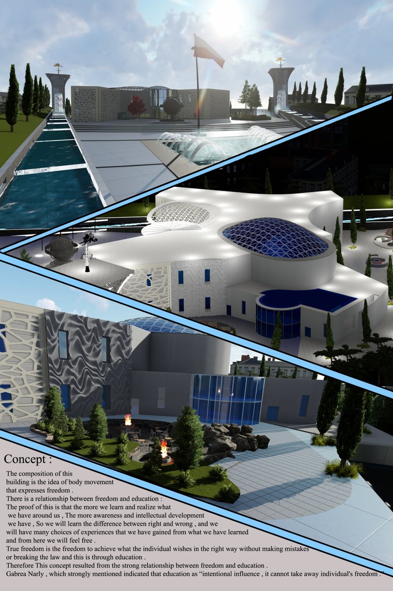 &nbsp; Concept collage and philosophy: “Dom Życia’s design celebrates freedom and intellectual movement through dynamic, flowing architectural language.”