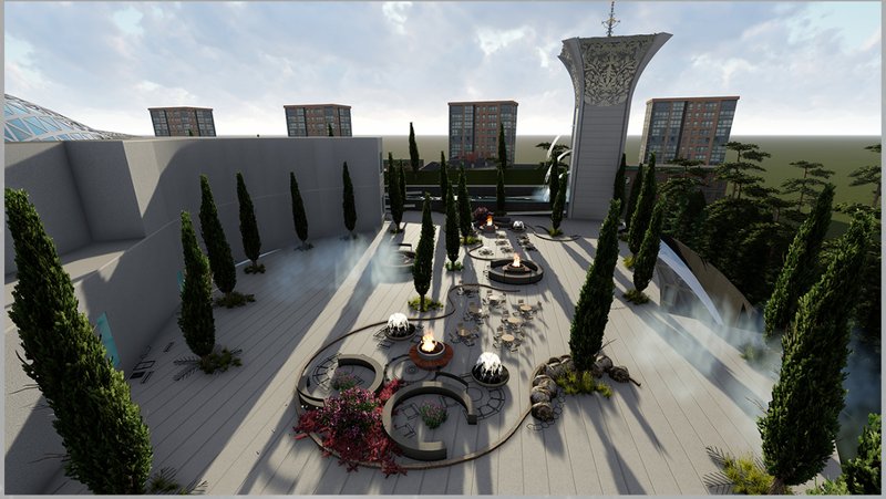 &nbsp; Garden and fire pit zone: “An open courtyard with sculptural fire pits creates a contemplative space for learning, dialogue, and reflection.”