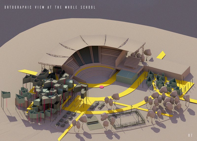 Axonometric view showing the dome structure surrounded by yellow circulation paths and clusters of trees