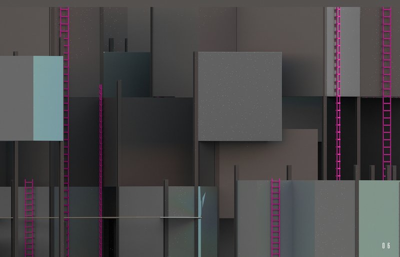 Close-up view of overlapping grey and turquoise panels with magenta ladder elements in vertical composition
