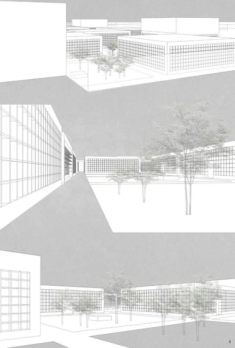 Transparent columbarium facades, shaded walkways, and urban-scale voids form a contemplative architectural environment.