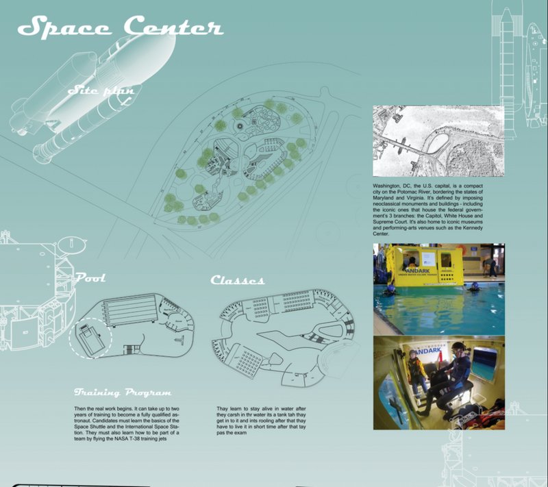 Space center layout including aquatic simulation pool, classroom training zones, and physical astronaut testing environments.