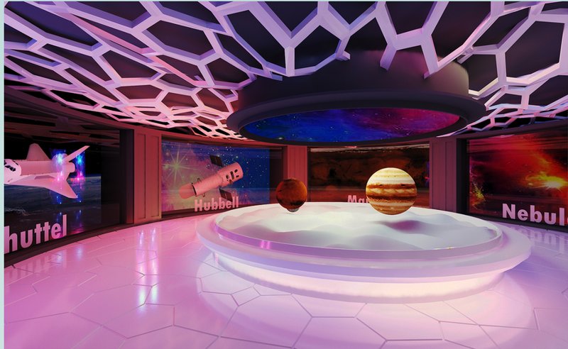 Immersive exhibition zone featuring space artifacts and celestial simulations in an interstellar-themed space.