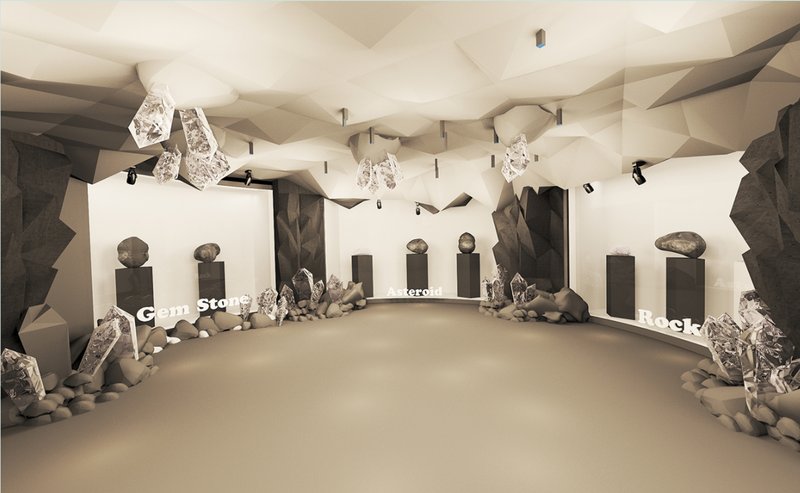 Rock and mineral exhibition replicating asteroid interiors to enhance spatial education and planetary science awareness.