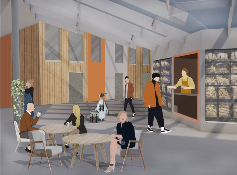 A vibrant communal zone supports indoor social life during harsh polar conditions with natural lighting and passive heating.