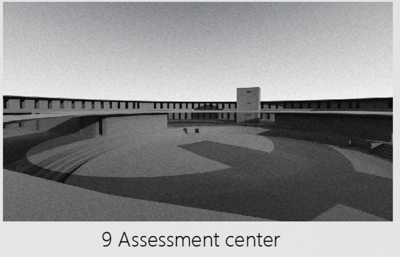 A circular open plaza where inmates undergo psychological and behavioral evaluation before integration.