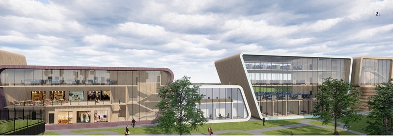 Layered volumes combine retail, administration, and tech-enabled rehabilitation under one system.