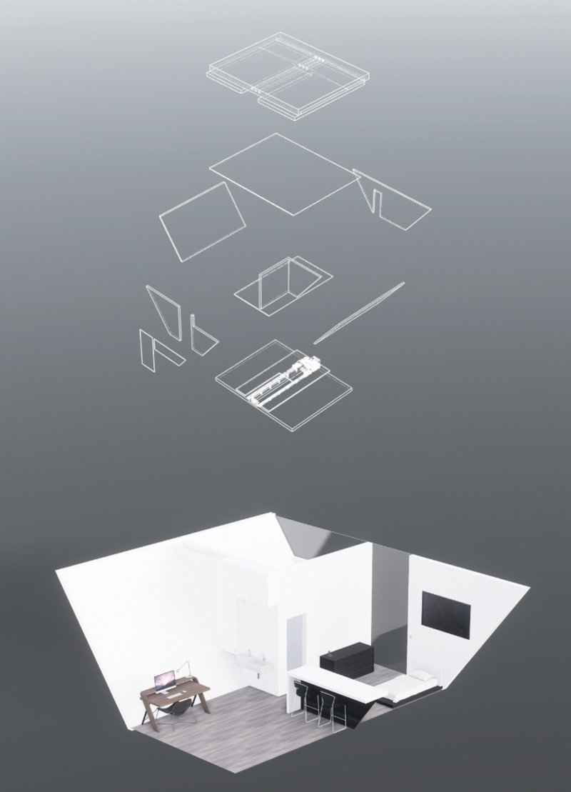 Component assembly of a housing unit, revealing the structural layering and internal spatial organization.
