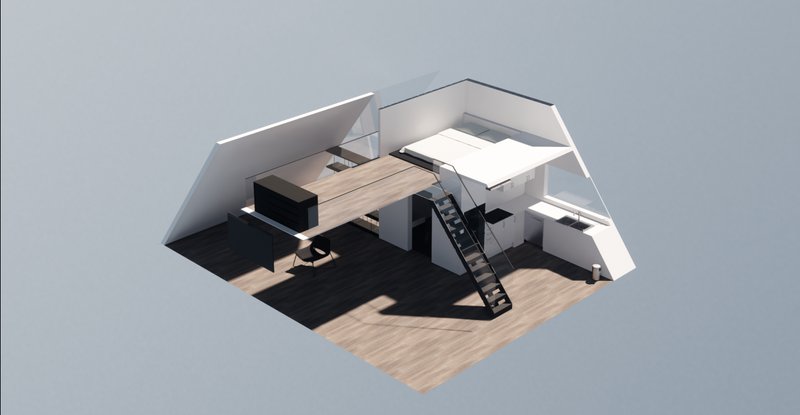 Spacious double-occupancy unit with loft bed, kitchenette, and work area, emphasizing natural light and spatial efficiency.