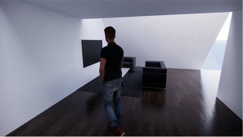 Minimalist living room setup with sleek furniture and indirect lighting framed by the unique angular envelope.