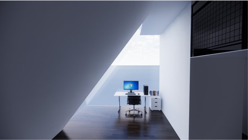 Dedicated work-from-home corner with large skylight, integrating function and serenity within a compact footprint.