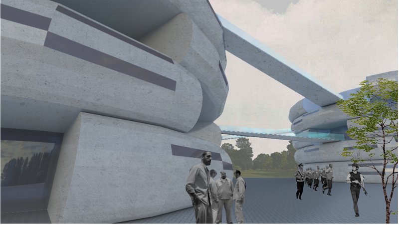 Curved concrete masses frame communal outdoor spaces for daily activities.