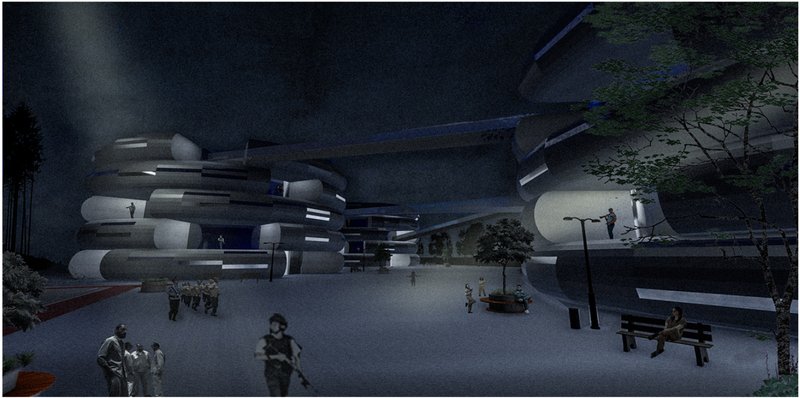 A secured yet open plaza under surveillance, lit for safe nocturnal circulation.