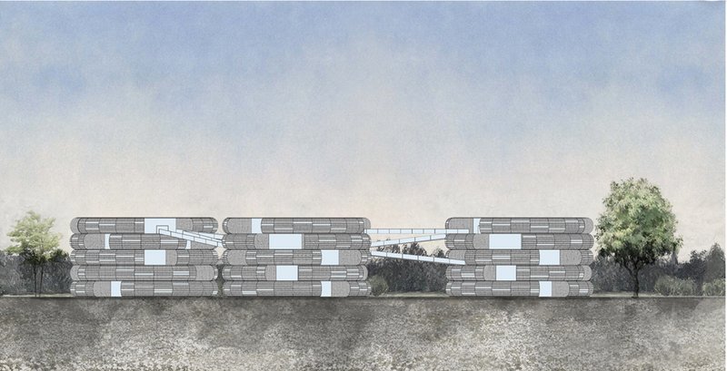 A linear elevation reveals the modular ring-stack towers connected by elevated corridors.