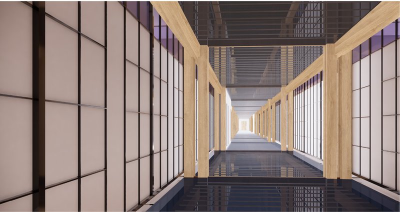 A serene modular corridor framed with timber and translucent panels, emphasizing spatial clarity and rhythm.