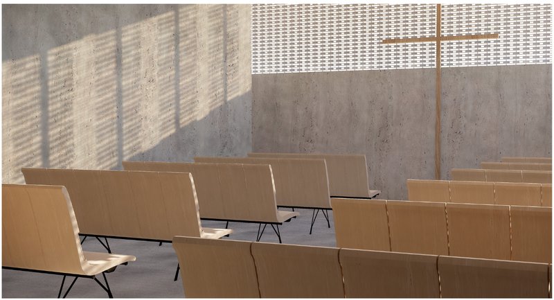 Minimalist worship space flooded with natural light, designed for reflection and peace within the prison environment.