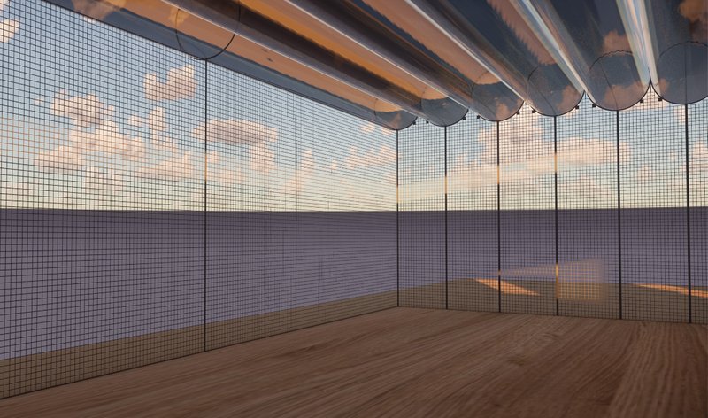 Open-air recreation zone with a translucent roof and wire mesh walls offering security without isolation.