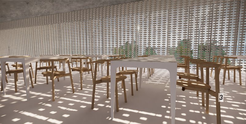 Communal dining area with filtered views and soft daylight through a breathable brick screen.