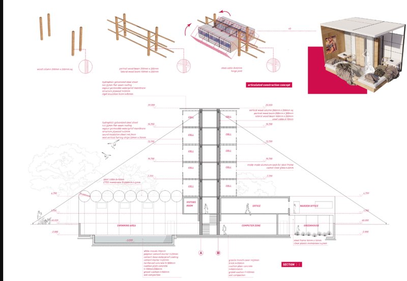 Vertical section revealing modular cell stacking, spatial programs, and articulated construction using cable-supported framework.