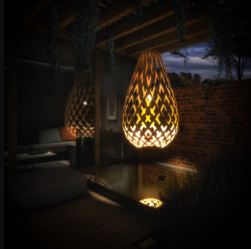 Sculptural pendant glowing with organic shadows in a tranquil courtyard.