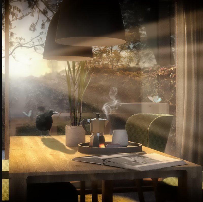 Morning rays streaming across a warm wooden breakfast setting.