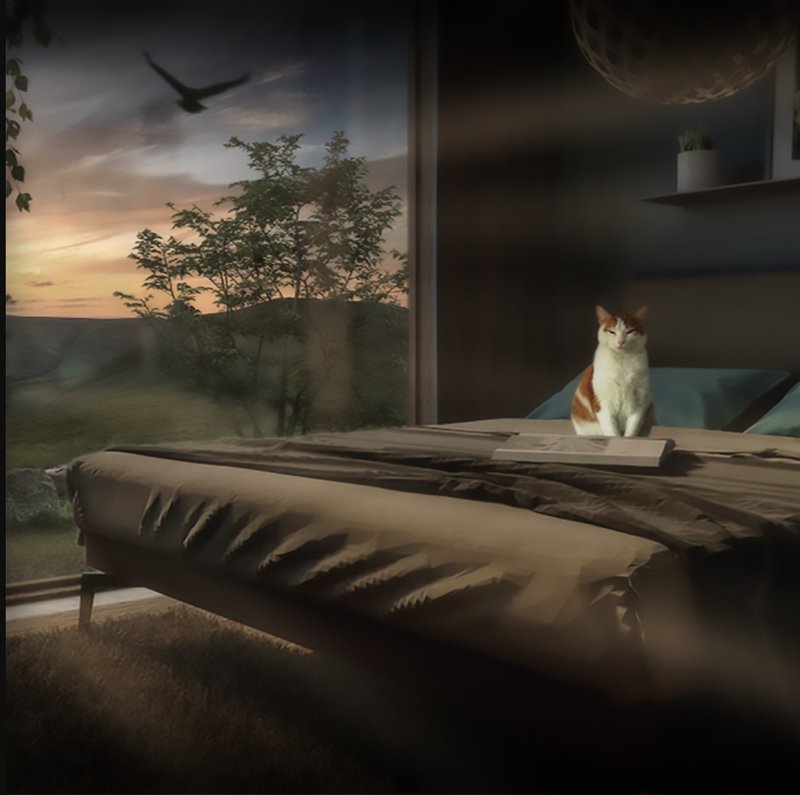 Peaceful bedroom scene overlooking nature, embraced by golden hour.