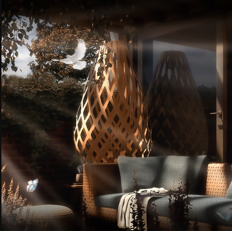 Cozy terrace with woven light forms and filtered sunshine.