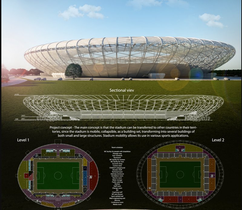 Showcasing the lightweight textile shell and modular steel framework of the mobile stadium.