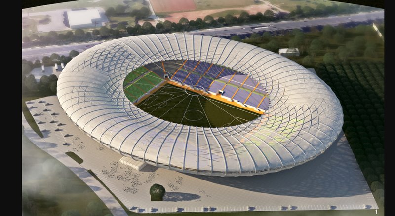 Top-down view reveals spatial zoning, circulation, and the stadium’s integrated urban footprint.