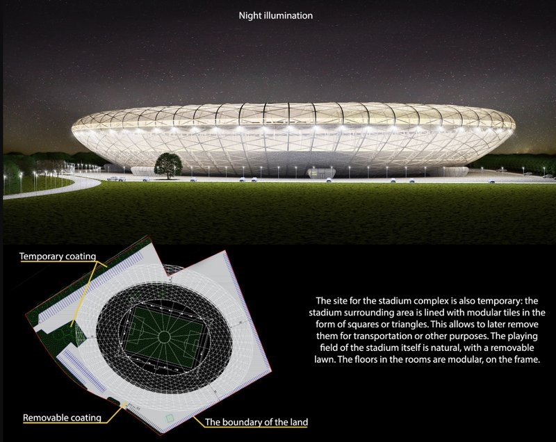 The stadium glows under a tensile canopy, emphasizing its visual and structural elegance at night.