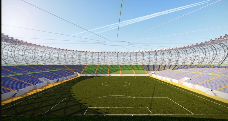 View from the field highlights the stadium’s scalable seating and breathable structural envelope.